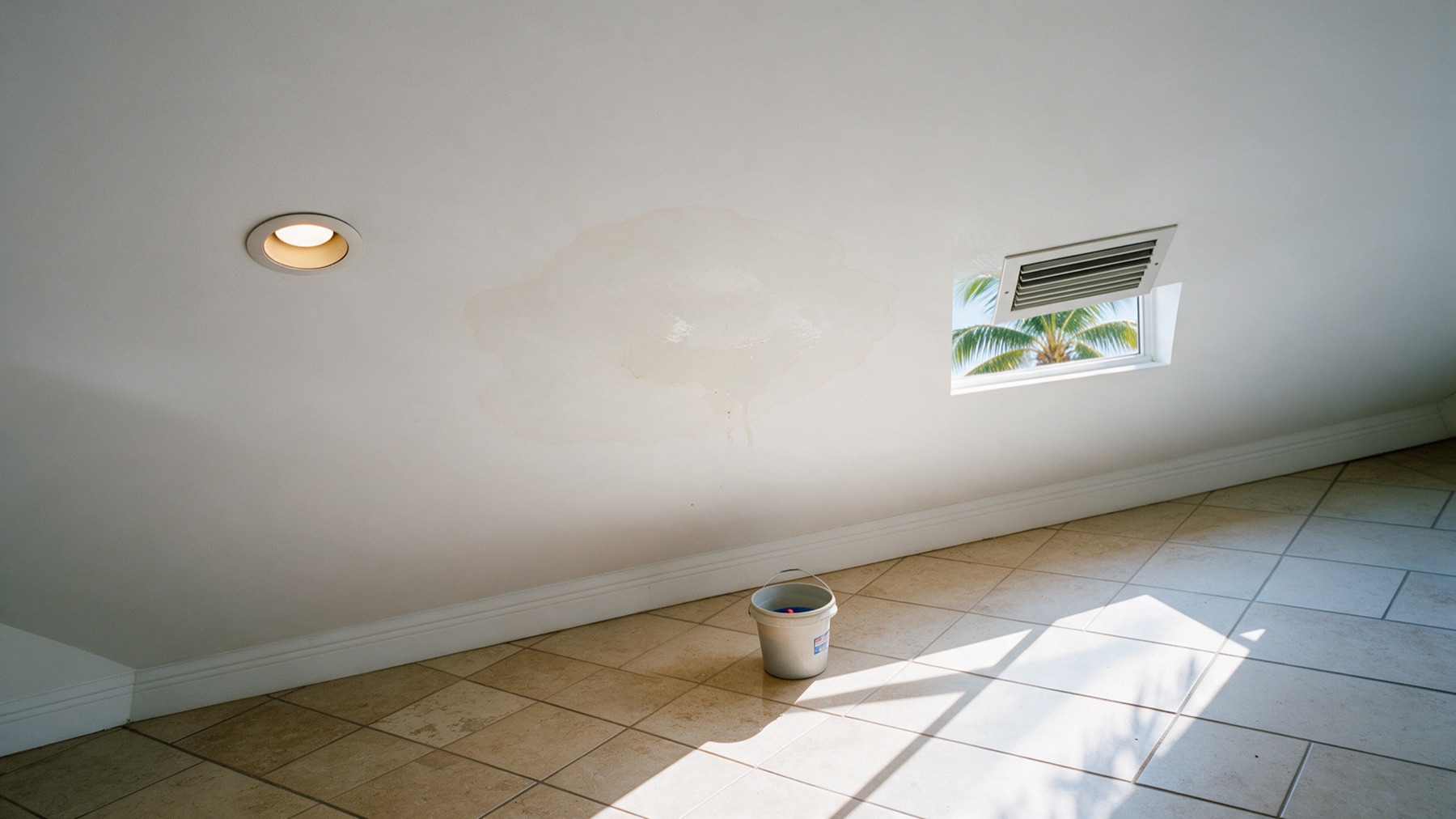 A pale brown water stain on a white ceiling between a recessed light and an air vent, with a small bucket on a tile floor and a palm tree visible through a window.