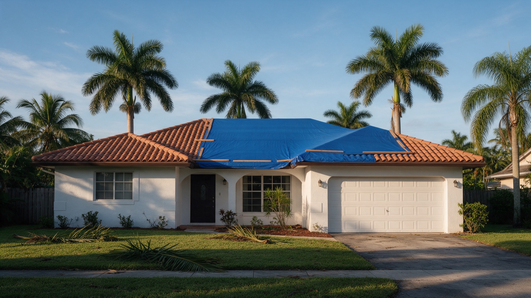 A single-story white stucco home with a terracotta barrel tile roof, part of it covered by a blue tarp held flat with wood strips, palm trees behind and fallen fronds on the lawn under a clear morning sky.