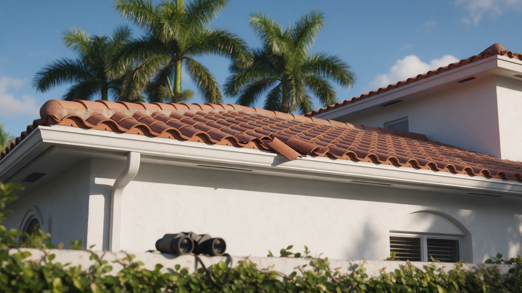 A white stucco Miami home with a terracotta barrel tile roof seen from the ground, one tile near the eave slipped out of line, a pair of binoculars on a garden wall in front, and royal palms against a blue sky.