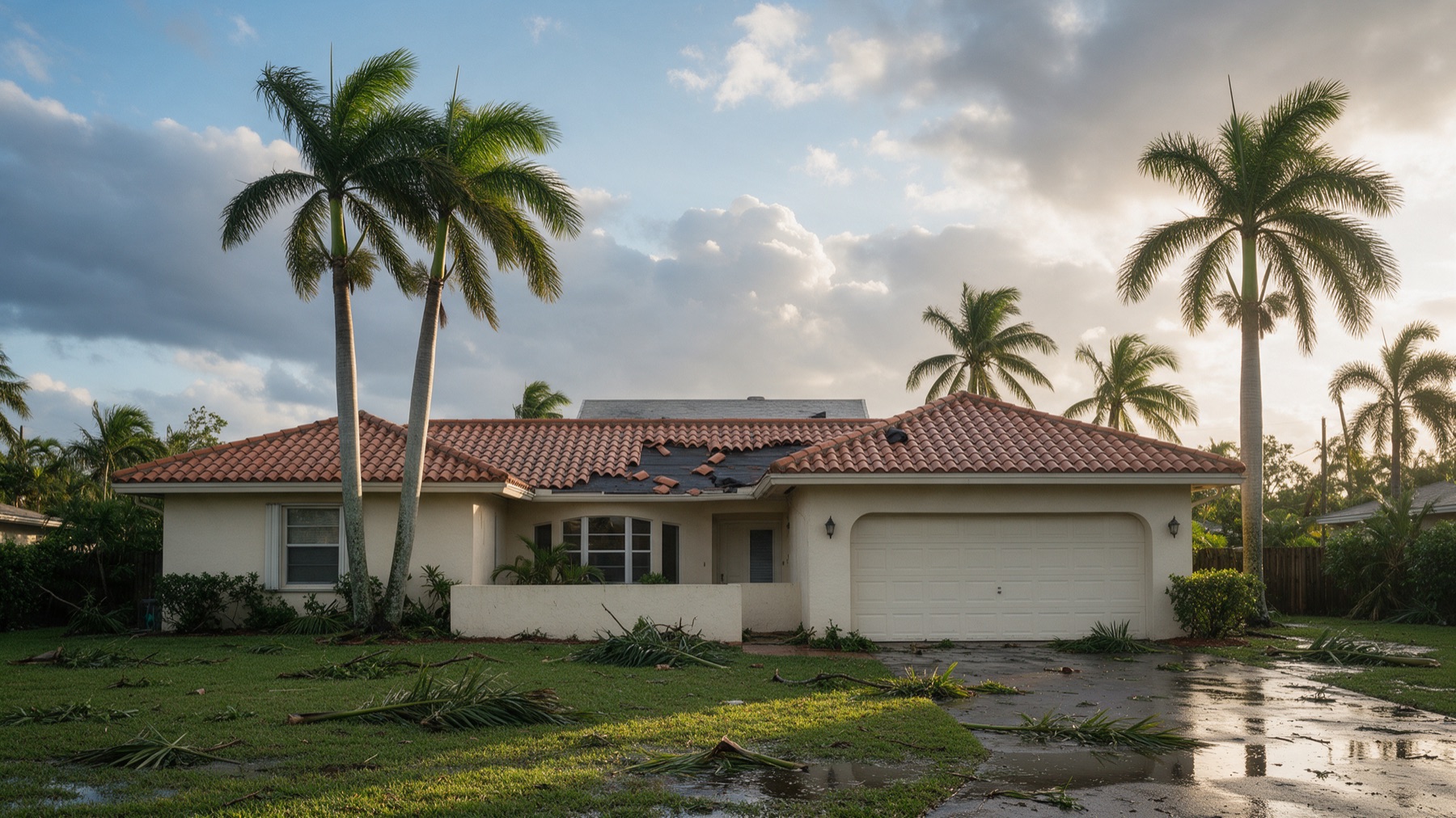 A cream stucco Miami home with a terracotta tile roof missing a patch of tiles, exposing dark underlayment, with palm fronds scattered across a wet lawn after a storm.