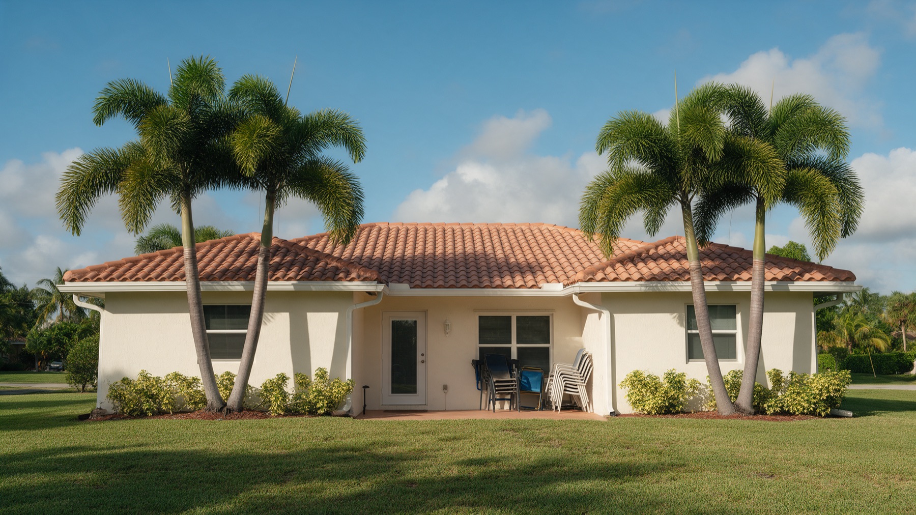 A single-story cream stucco home with a terracotta clay tile roof and white gutters, flanked by four palm trees, with patio chairs stacked by the back door under a blue sky.