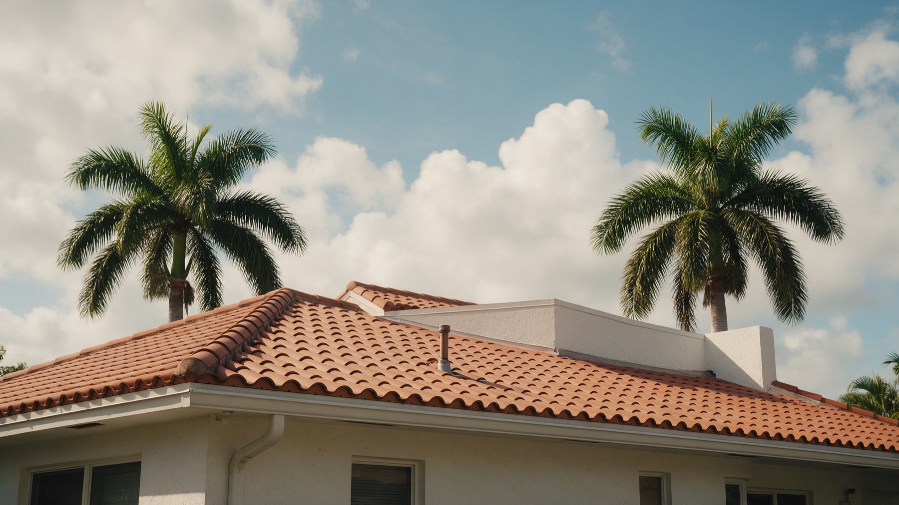 A white stucco Miami home with a terracotta barrel tile roof, a single vent pipe rising through the tiles, a stucco parapet behind it, and two royal palms against a blue sky with clouds.