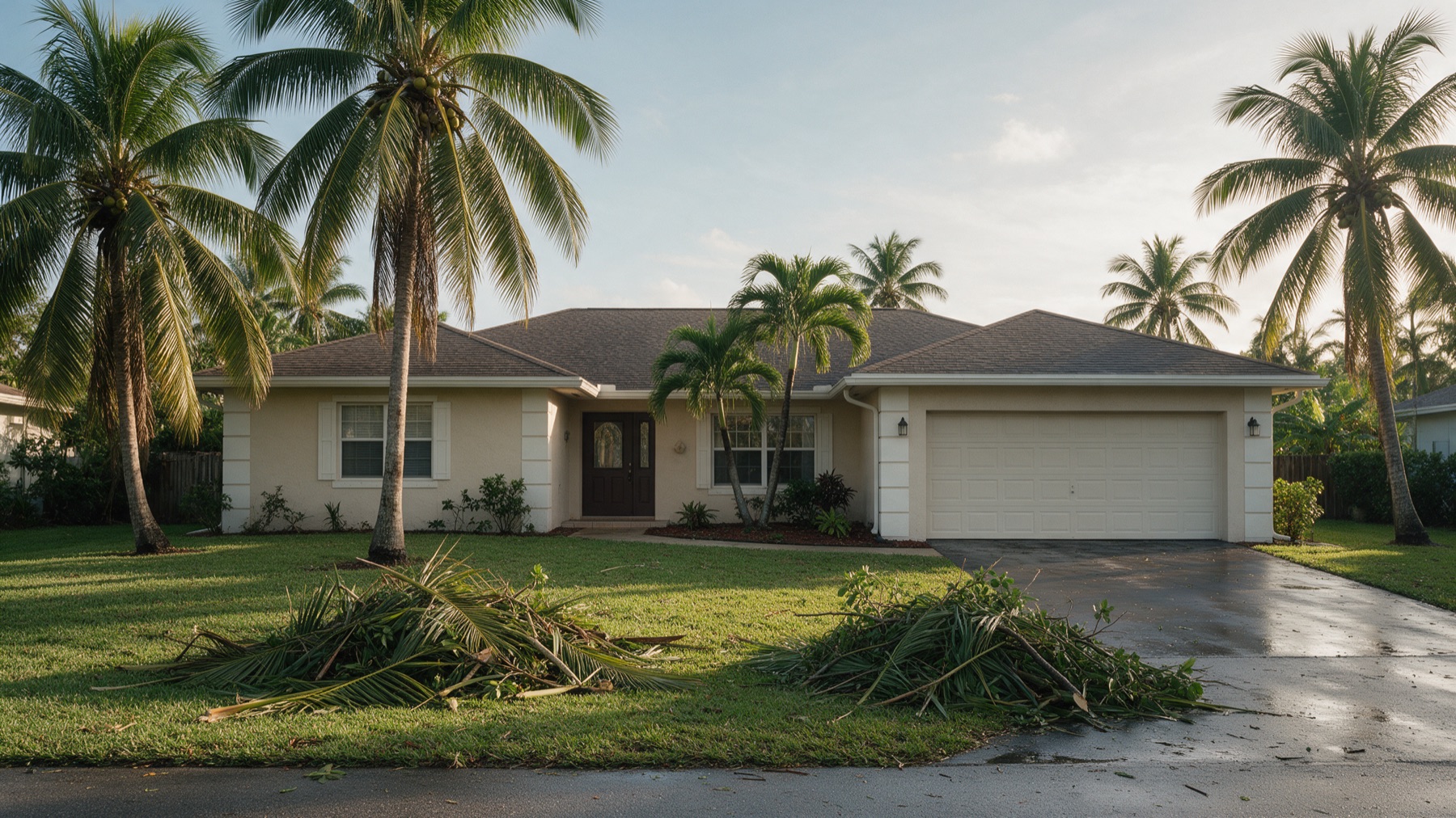 A cream stucco single-story Miami home on a sunny morning after a storm, with palm fronds and branch clippings in two separate piles on the lawn and a wet driveway, and a brown shingle-style roof above.