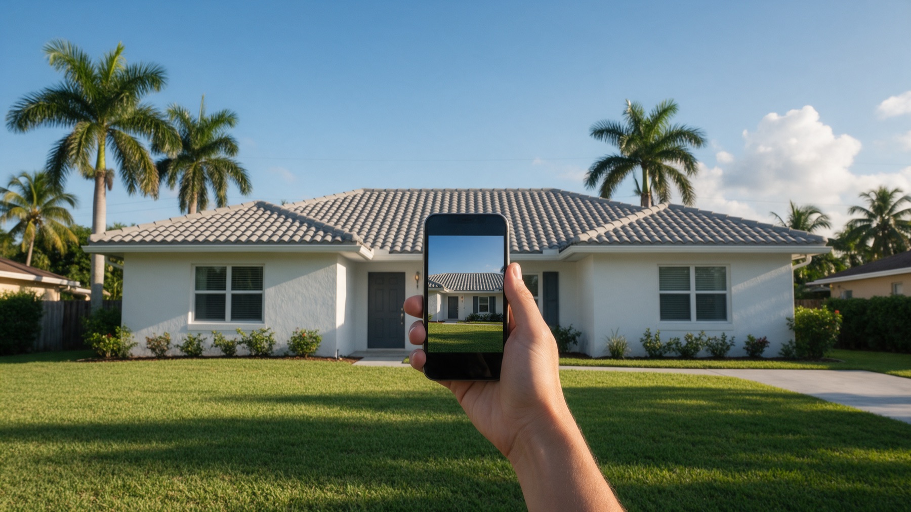 A hand holds a smartphone up from the front lawn to photograph a single-story white stucco home with a gray concrete tile hip roof, framed by palm trees under a blue sky.