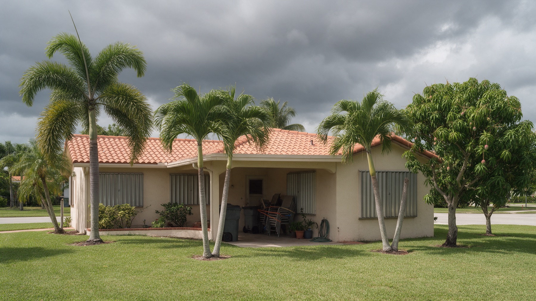 A single-story white stucco home with a terracotta barrel tile roof under heavy pre-storm clouds, accordion shutters closed over the windows and patio chairs stacked beside a trash cart under the carport, palms and a mango tree in the yard.