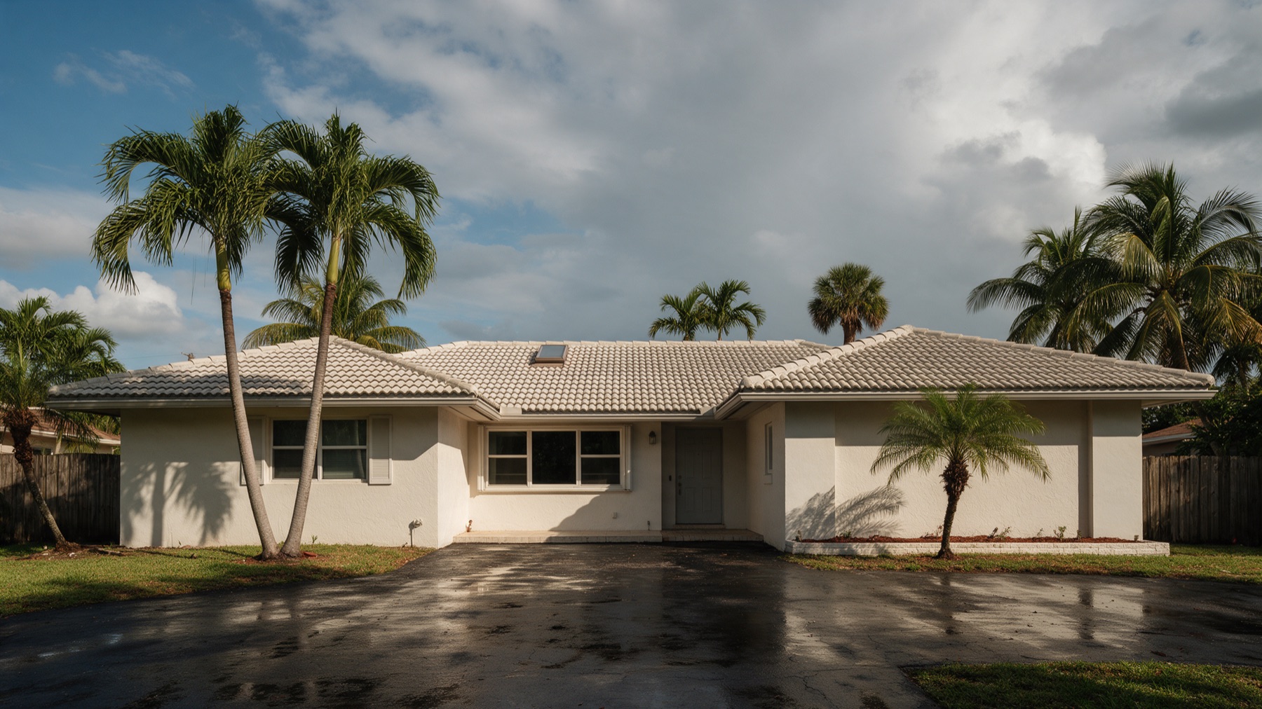 A white stucco single-story Miami home with a low-pitched concrete tile roof, one small skylight on the roof, palm trees and a rain-wet driveway under a cloudy sky.