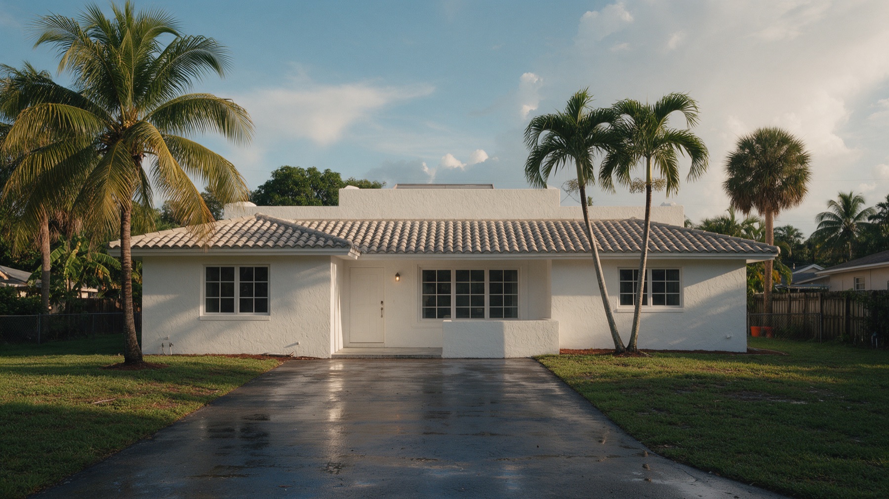 A white stucco single-story house with a low-slope tile roof, palm trees and a rain-wet driveway under a partly cloudy South Florida sky.