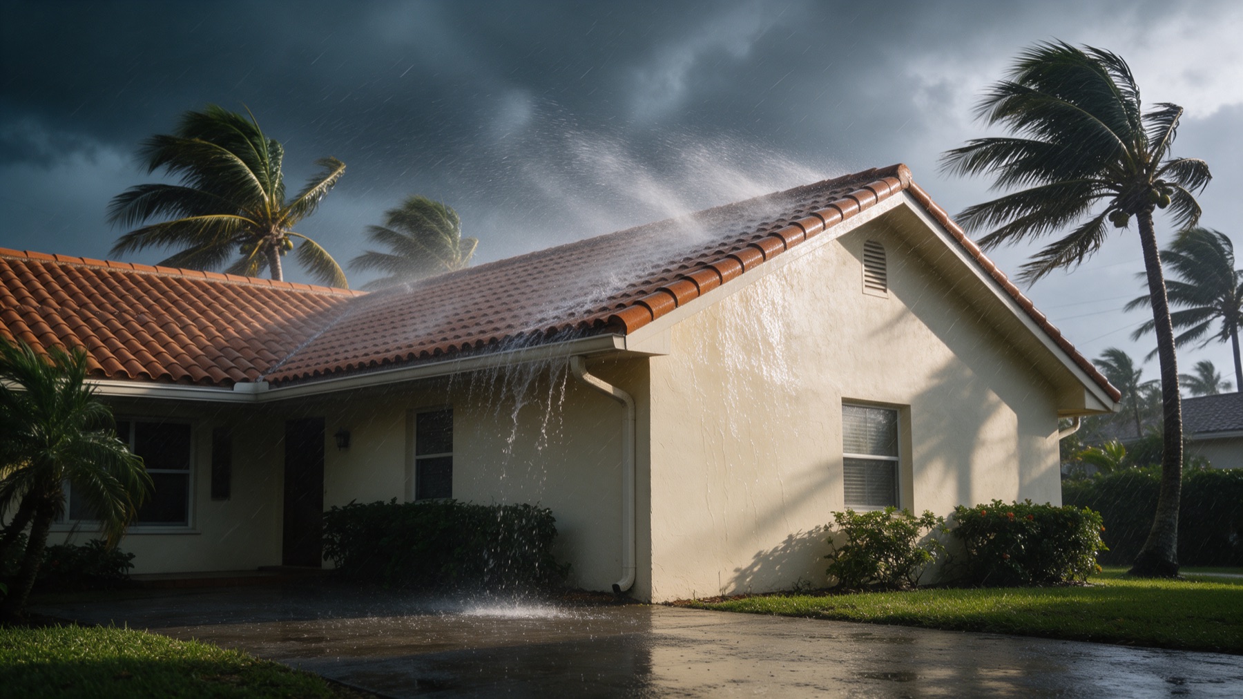 A single-story cream stucco home with a terracotta barrel tile roof in a Miami squall, rain blowing sideways across the roof and gable end, water sheeting off the eave and streaking down the wall below a gable vent, coconut palms bending in the wind under dark storm clouds.