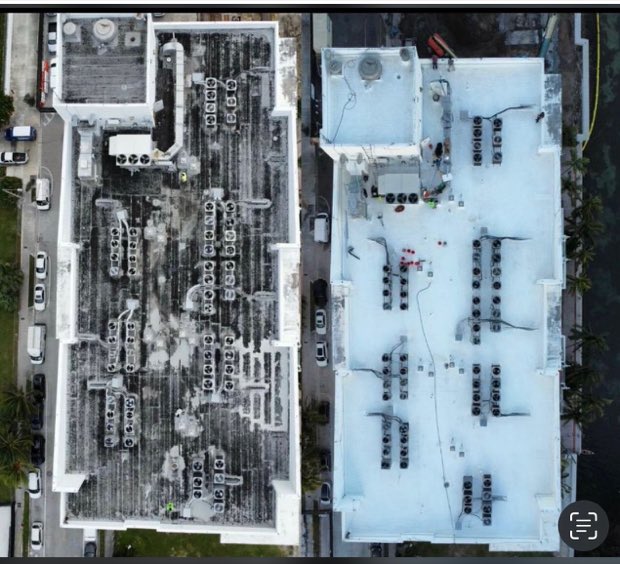 Top-down aerial across two adjoining roof planes, one completed and one still to be done.