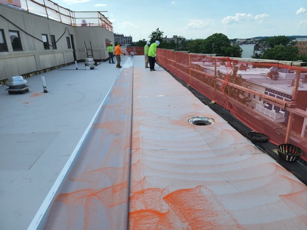 Completed membrane run with perimeter netting in place.