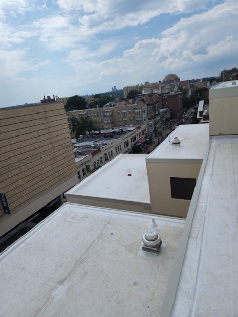 Elevated view across an urban roofscape.