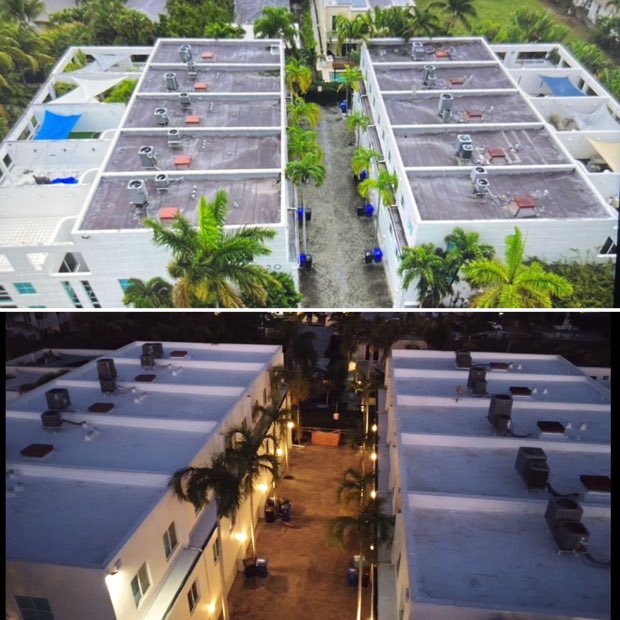 Aerial over a commercial property with completed reflective roofing.