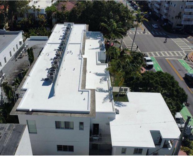 Long run of reflective membrane over a commercial strip, palms along the street frontage.