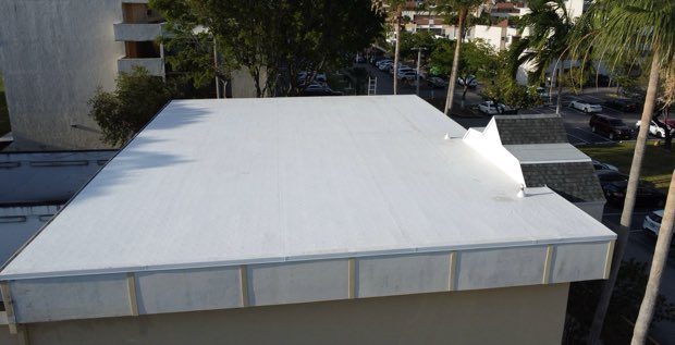 Completed white roof, mature palms along the building line.